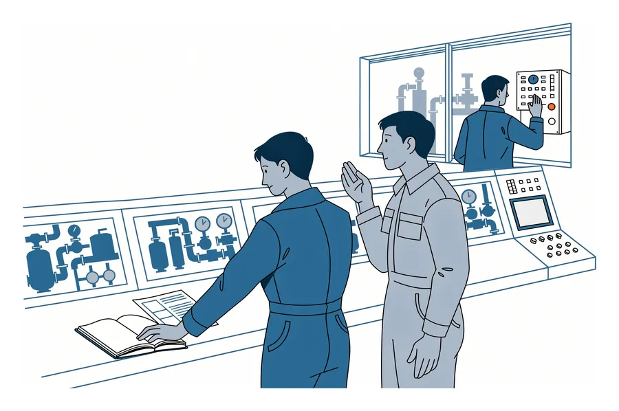 Illustration : en salle de contrôle, un opérateur consulte une consigne au pupitre pendant qu'un collègue lui parle ; derrière la vitre, un troisième agit sur un tableau de commande